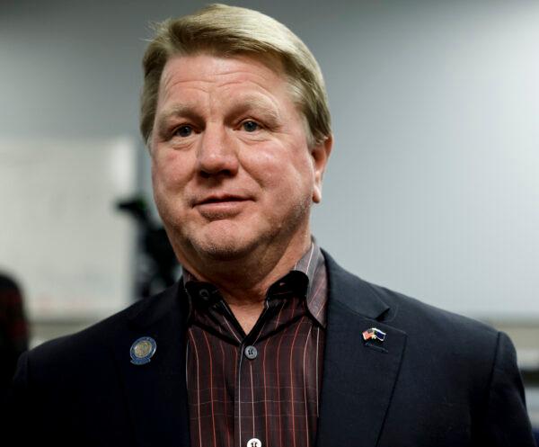 Jim Marchant, Republican candidate for US Senate, speaks with supporters at a rally for Nevada Republican gubernatorial candidate, Clark County Sheriff Joe Lombardo at the local Republican Party offices in Henderson, Nevada, on Nov. 6, 2022. (Anna Moneymaker/Getty Images)