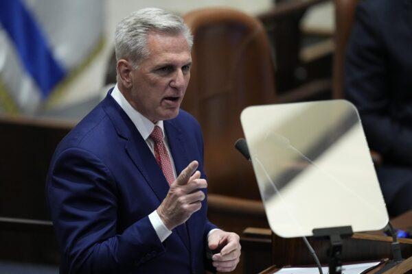 House Speaker Kevin McCarthy addresses lawmakers during a session of the Knesset, Israel's Parliament, in Jerusalem, on May 1, 2023. (Ohad Zwigenberg/AP Photo)