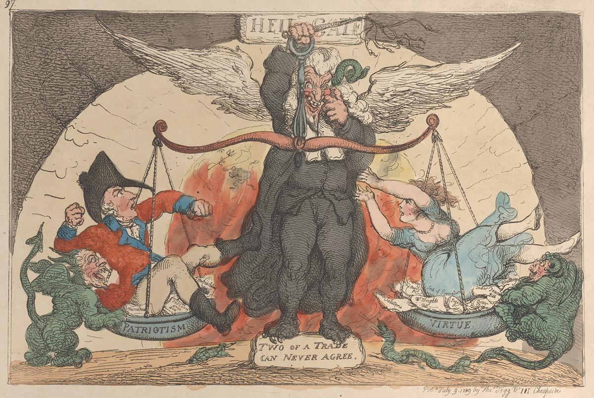 "Hell Broke Loose, or the Devil to Pay Among the Darling Angels," 1809, by Thomas Rowlandson. Hand-colored etching. The Metropolitan Museum of Art, New York. (Public Domain)