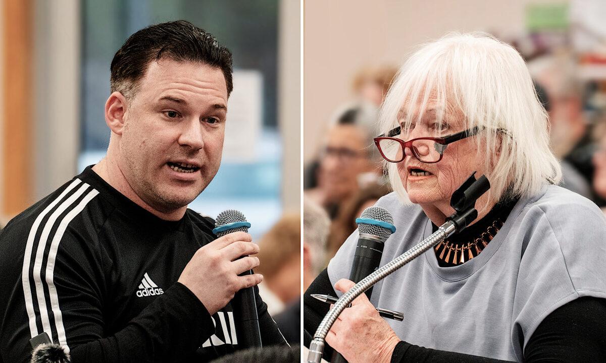 Alex Scilla (L), founder of the China-linked group NYenvironcom, and Grace Woodard (R) whose group, Deerpark Rural Alliance, receives funding from Scilla's group, speak at a public hearing at the Town of Deerpark Senior Center in Huguenot, N.Y., on April 26, 2023. (Samira Bouaou/The Epoch Times)