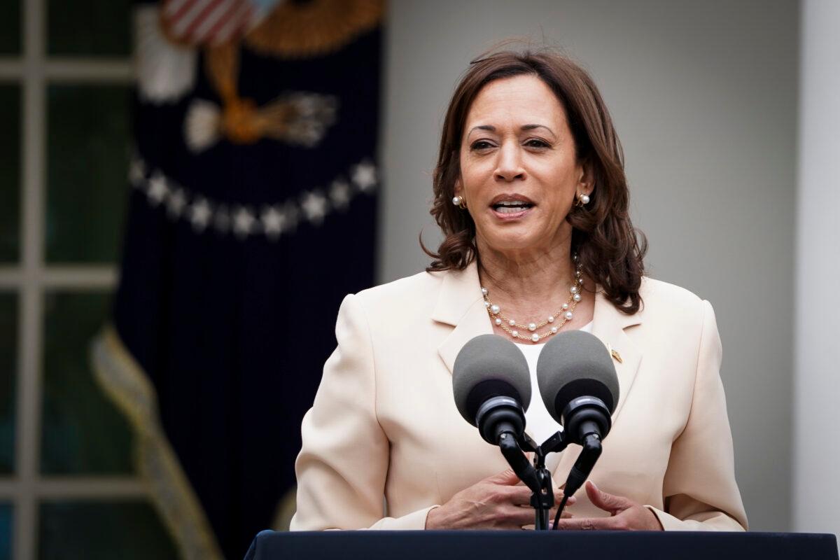 U.S. Vice President Kamala Harris speaks during National Small Business Week in the Rose Garden at the White House in Washington on May 1, 2023. (Madalina Vasiliu/The Epoch Times)