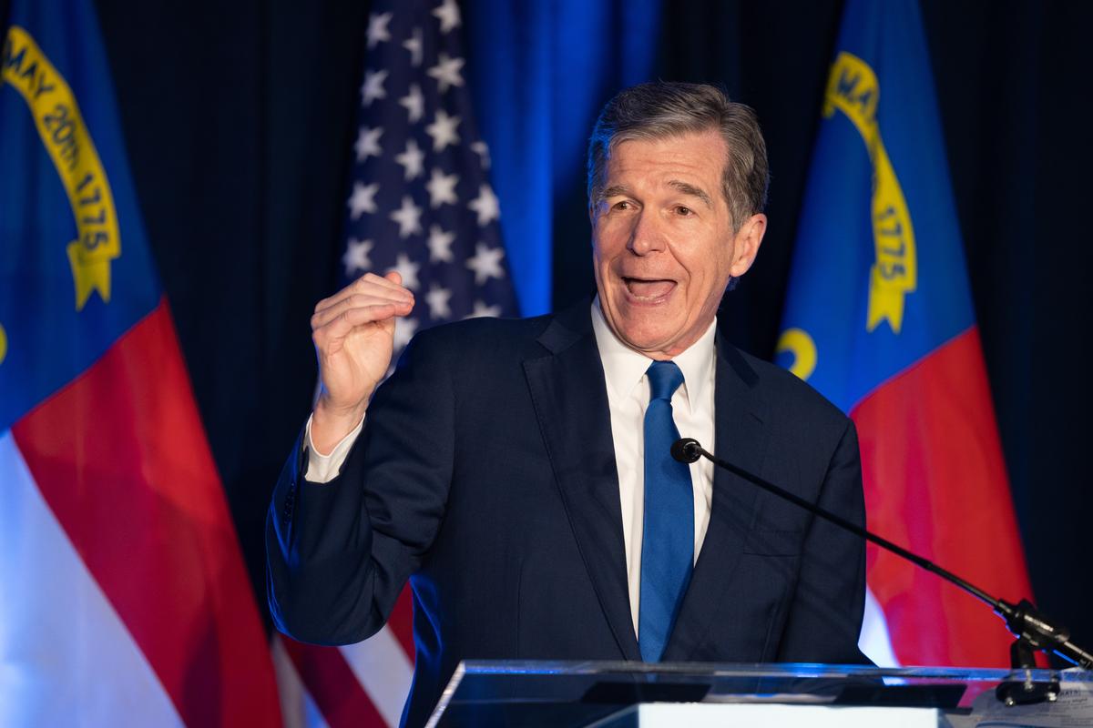 North Carolina Gov. Roy Cooper (D) speaks to the crowd during an election night event for Democrat Senate candidate Cheri Beasley in Raleigh, N.C., on May 17, 2022. (Sean Rayford/Getty Images)