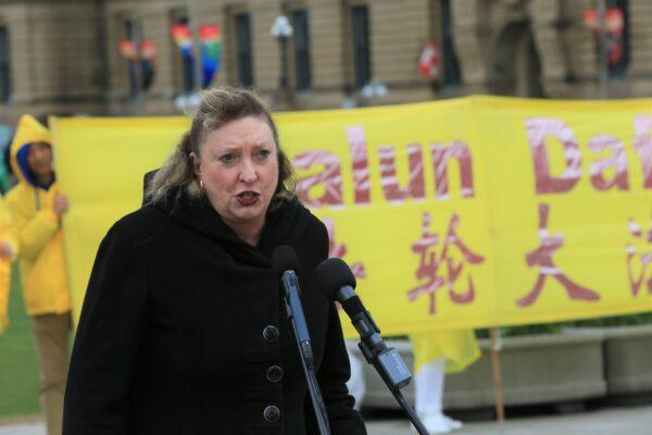 Conservative MP Marilyn Gladu speaks at a rally to celebrate World Falun Dafa Day on Parliament Hill in Ottawa on May 3, 2023. (Jonathan Ren/The Epoch Times)