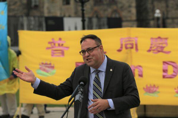 Conservative MP Dan Muys speaks at a rally to celebrate World Falun Dafa Day on Parliament Hill in Ottawa on May 3, 2023. (Jonathan Ren/The Epoch Times)