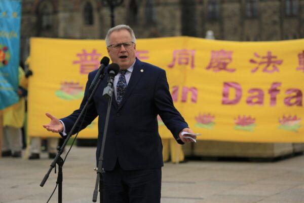 Conservative MP Marc Dalton speaks at a rally to celebrate World Falun Dafa Day on Parliament Hill in Ottawa on May 3, 2023. (Jonathan Ren/The Epoch Times)
