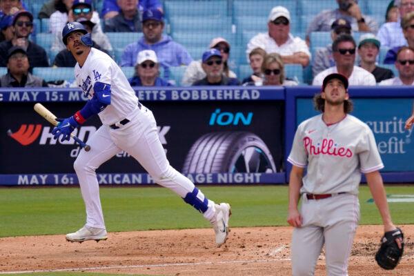 Los Angeles Dodgers' Miguel Vargas, left, he's to first for a two-run home run as Philadelphia Phillies starting pitcher Aaron Nola watches during the fourth inning of a baseball game in Los Angeles on May 3, 2023. (Mark J. Terrill/AP Photo)