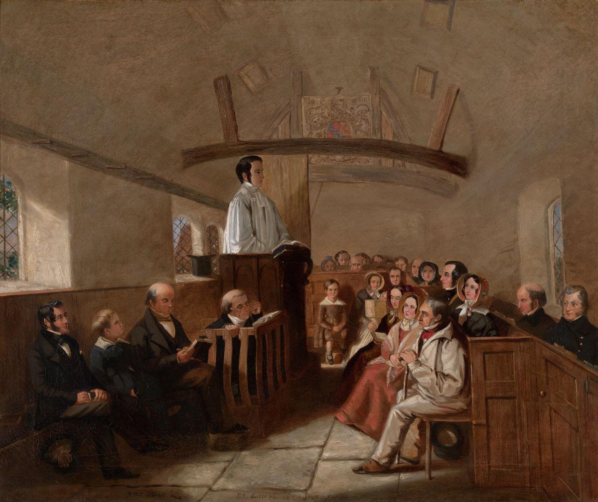 "A Sermon at St. Lawrence's Church, Isle of Wight," between 1833 and 1849, by Richard Henry Clements Ubsdell. (Public Domain)