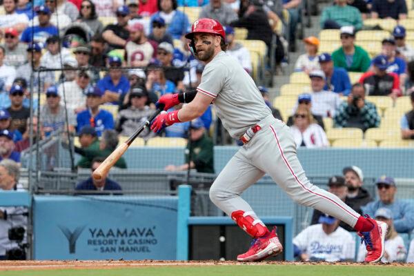 Philadelphia Phillies' Bryce Harper heads to first for a double during the third inning of a baseball game against the Los Angeles Dodgers in Los Angeles on May 3, 2023. (Mark J. Terrill/AP Photo)