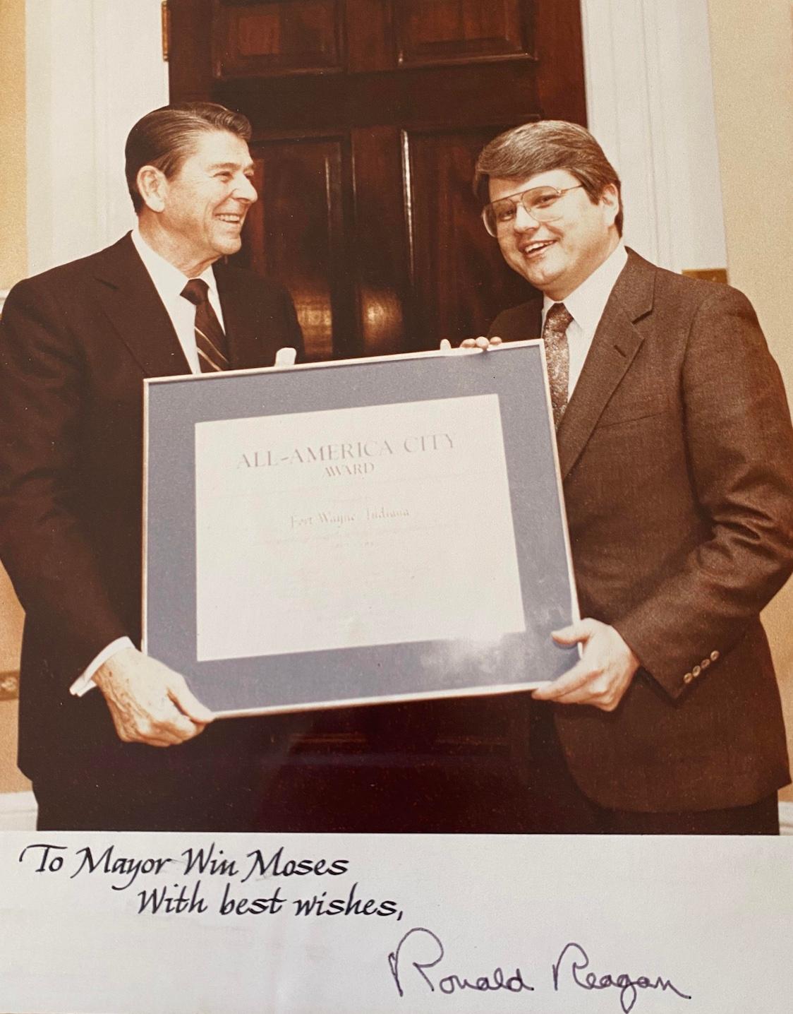 Reagan stands with Mayor Winfield “Win” Moses, awarding Fort Wayne, Ind., the “All America City” award in 1983. (Courtesy of Winfield Moses)