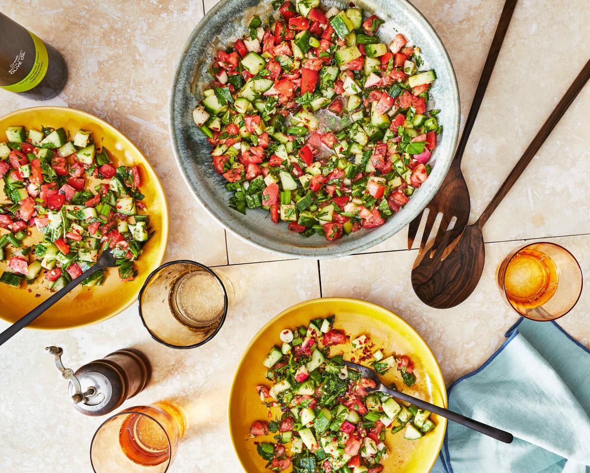 Everyday Tomato and Cucumber Salad With Dad’s Salad ‘Whisky.’ (Caitlin Bensel)