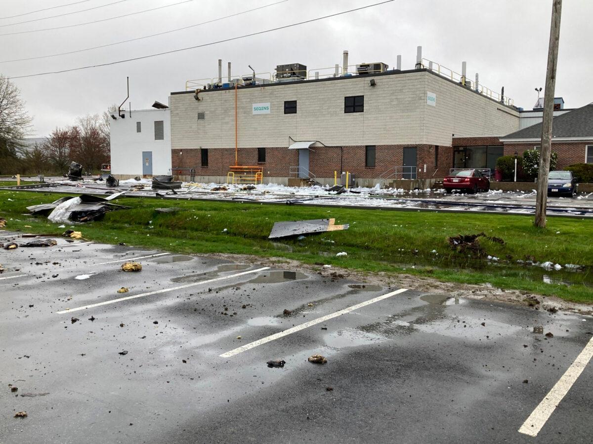 A vat that was once inside a Newburyport, Mass., pharmaceutical plant was hurled into the parking lot by an explosion on May 4, 2023. (Keith Sullivan/The Newburyport Daily News via AP)