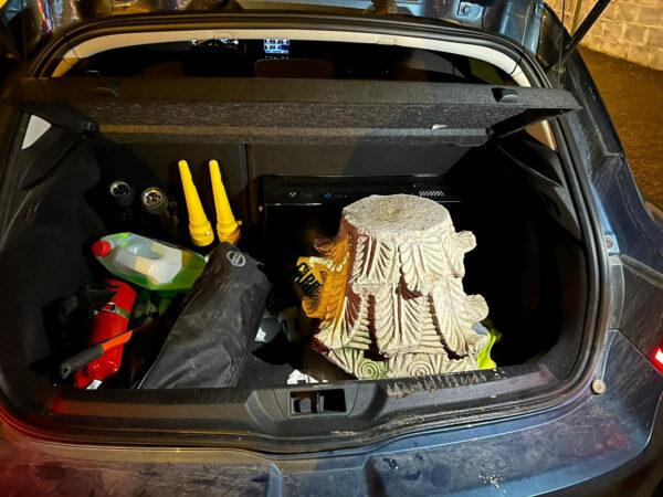 A stolen artefact that was recovered during a crackdown on international art trafficking, in the trunk of a vehicle at an unknown location in Spain in an undated handout picture obtained on May 4, 2023. (Courtesy of Europol/Handout via Reuters)