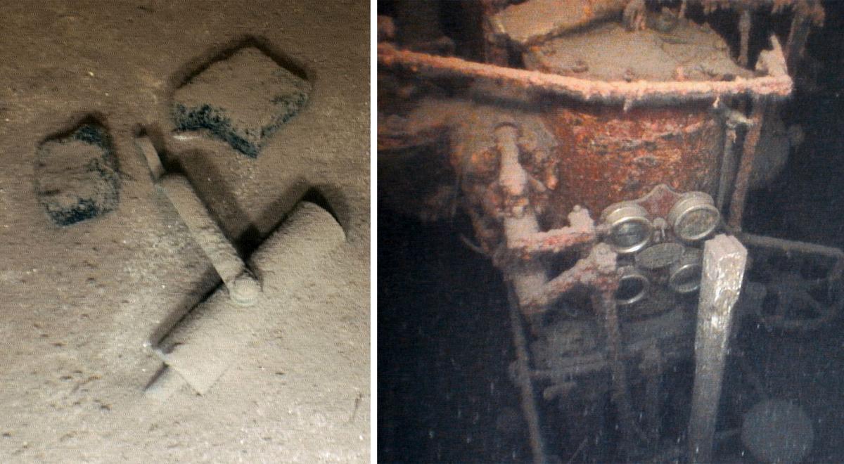 (Left) A detached steam whistle from steamship C.F. Curtis, which sank on Lake Superior in 1914; (Right) Boiler gauges from steamship C.F. Curtis. (Courtesy of <a href="https://shipwreckmuseum.com/">Great Lakes Shipwreck Museum</a>)