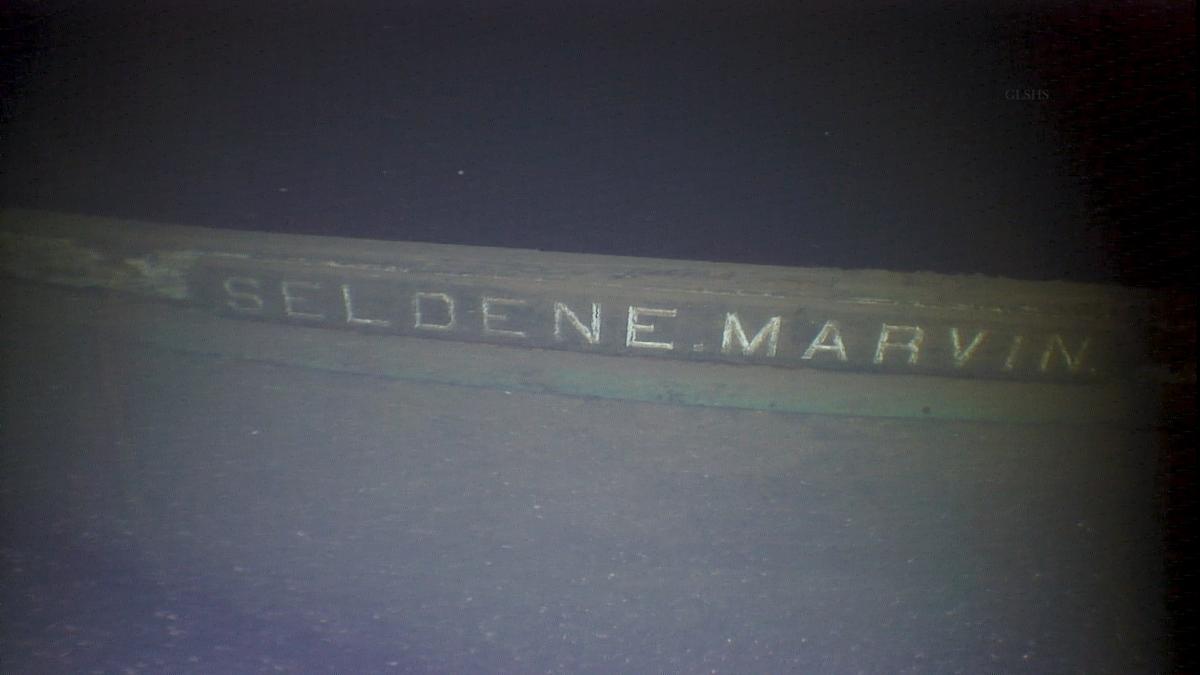 The name board of the shipwrecked schooner barge Selden E. Marvin, seen in recent footage released in April. (Courtesy of <a href="https://shipwreckmuseum.com/">Great Lakes Shipwreck Museum</a>)
