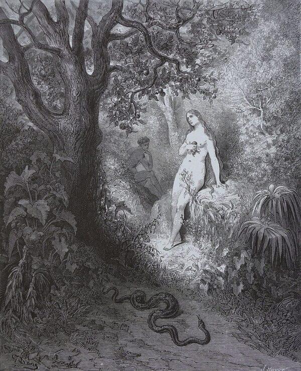 “Back to the thicket slunk / The guilty serpent” (Book IX. 784, 785), 1866, by Gustav Doré for John Milton’s “Paradise Lost.” Engraving. (Public Domain)