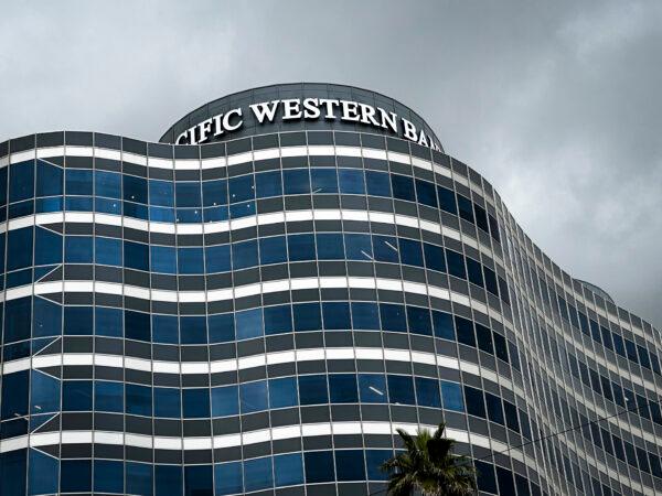 Pacific Western Bank on Wilshire Boulevard, Beverly Hills, Calif., May 4, 2023. (Jill McLaughlin/The Epoch Times)