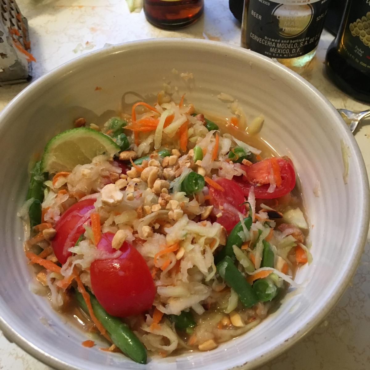 Kohlrabi makes a great swap for green papaya in this sour, spicy, savory salad. (Ari LeVaux)