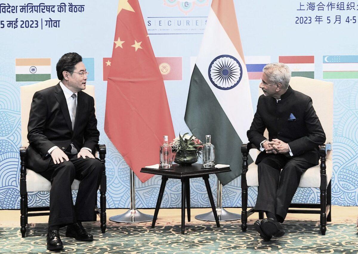 India's Foreign Minister Subrahmanyam Jaishankar (R) speaking with his Chinese counterpart Qin Gang on the sidelines of the Shanghai Cooperation Organization Council of Foreign Ministers' meeting in Benaulim on May 4, 2023. (Indian Ministry of External Affairs/AFP via Getty Images)