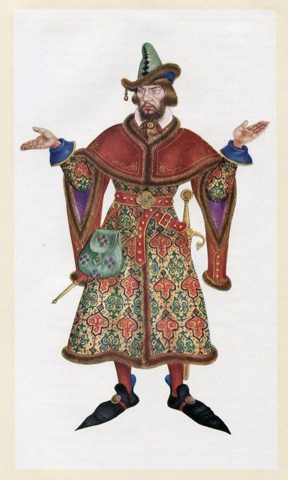 The Merchant in "The Canterbury Tales" wears a “Flemish beaver hat,” a cloak of “motley,” and “daintily buckled boots.” Illustration by Arthur Szyk, 1946. (Public Domain)