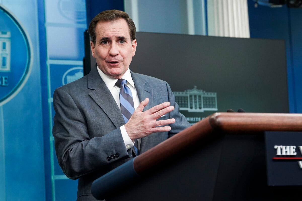 National Security Council Coordinator for Strategic Communications John Kirby speaks during a press briefing at the White House on May 4, 2023. (Madalina Vasiliu/The Epoch Times)