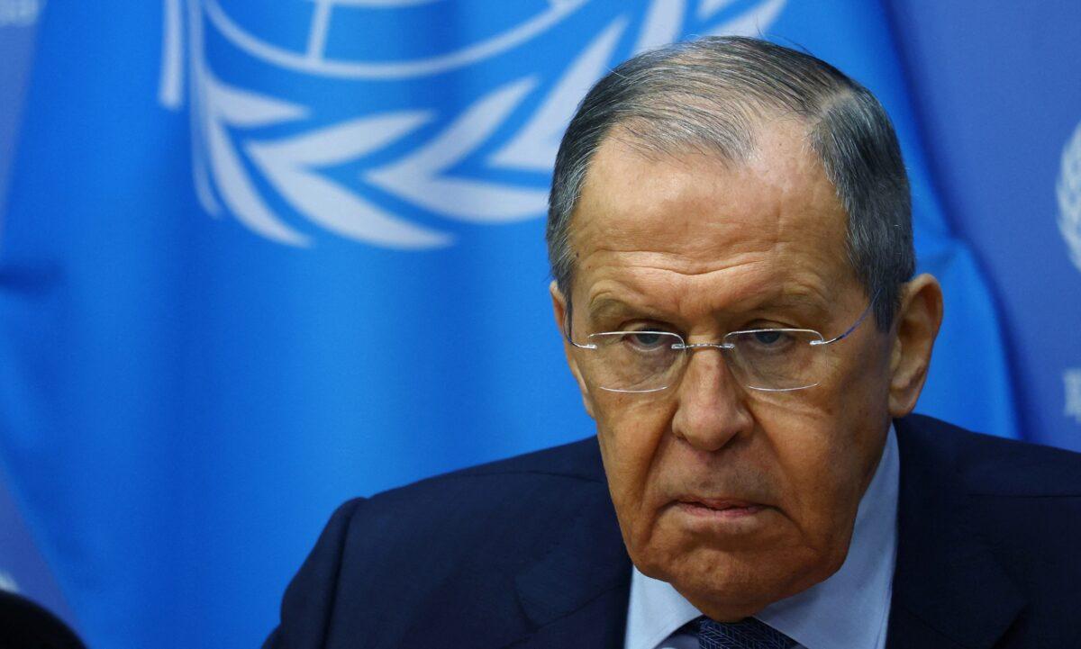 Russian Foreign Minister Sergey Lavrov holds a press conference at U.N. headquarters in New York on April 25, 2023. (Mike Segar/Reuters)