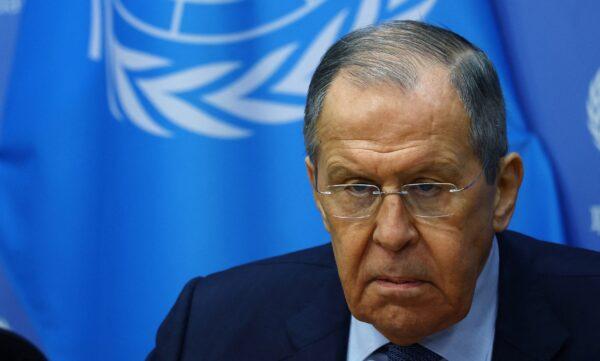 Russian Foreign Minister Sergei Lavrov holds a news conference at United Nations headquarters in New York on April 25, 2023. (Mike Segar/Reuters)