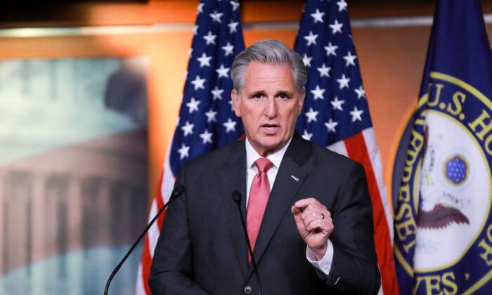 Then-House Minority Leader Kevin McCarthy (R-Calif.) at a news conference in the Capitol on Jan. 9, 2020. (Charlotte Cuthbertson/The Epoch Times)