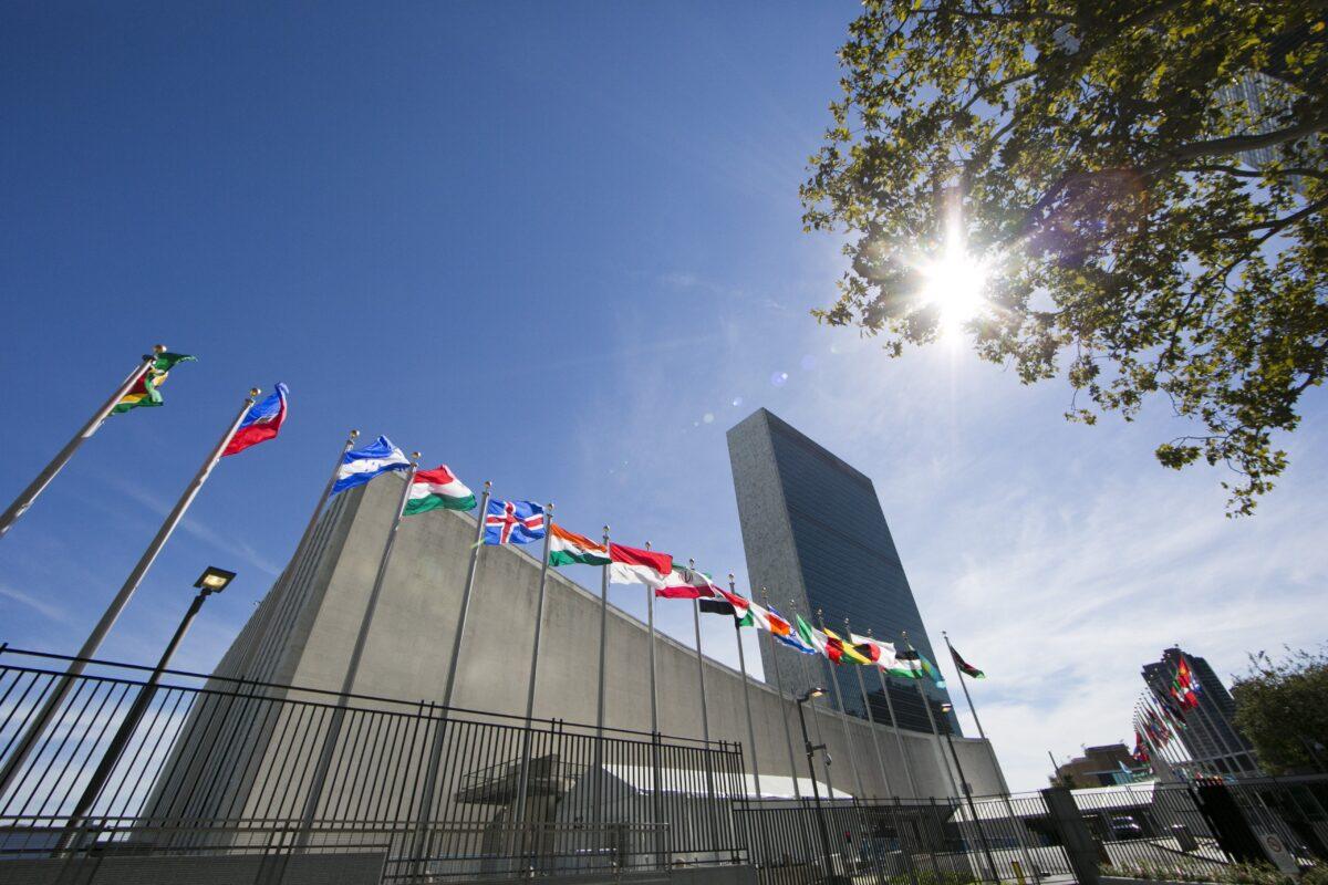 International flags fly in front of the U.N. headquarters on Sept. 24, 2015, before the start of the 70th General Assembly meeting, in New York. (Dominick Reuter/AFP via Getty Images)