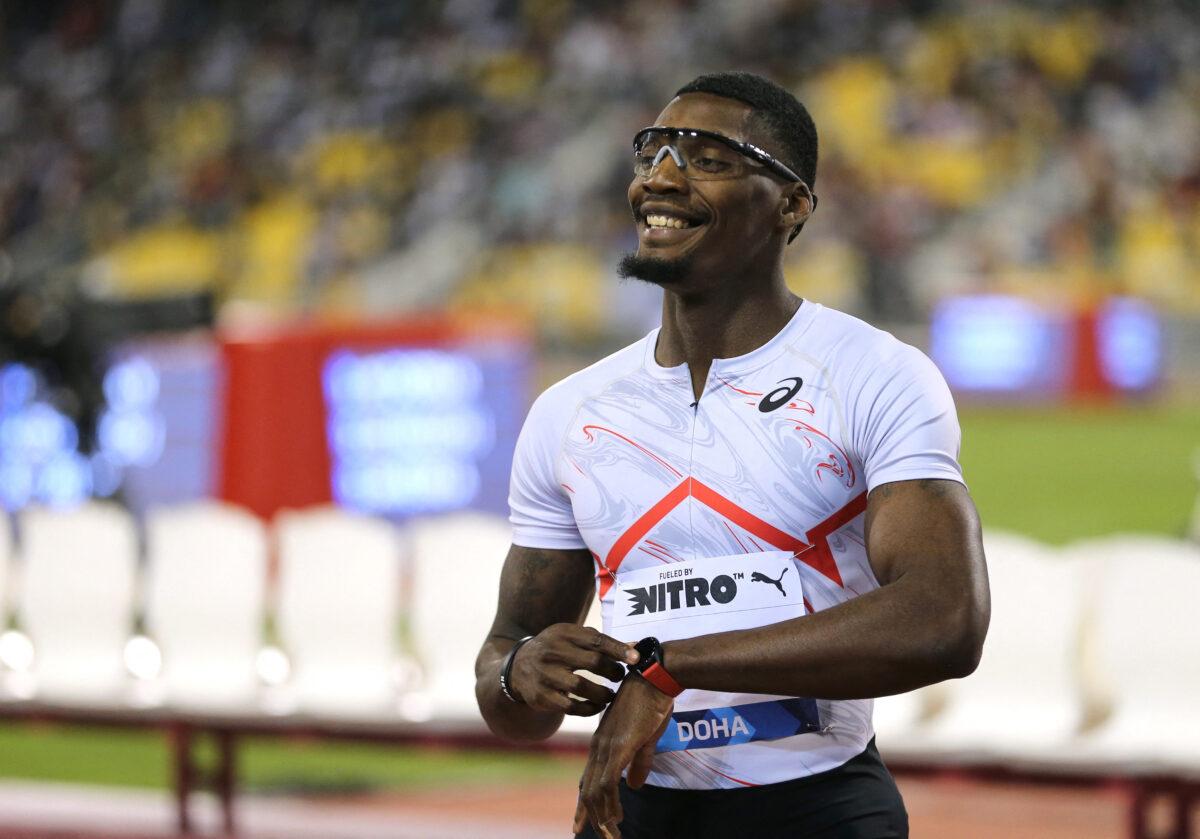 Fred Kerley of the United States celebrates after winning the men's 200m at the Diamond League in Doha, Qatar, on May 5, 2023. (Ibraheem Al Omari/Reuters)