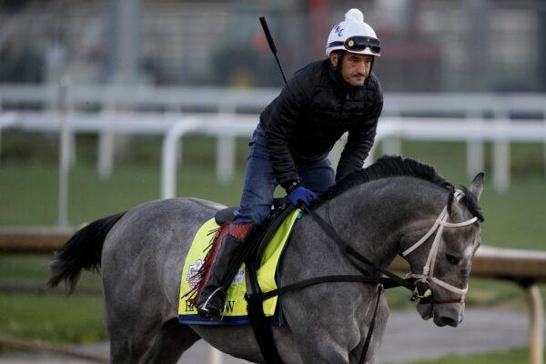 Kentucky Derby entrant Hit Show works out at Churchill Downs in Louisville, Ky., on May 5, 2023. (Charlie Riedel/AP Photo)