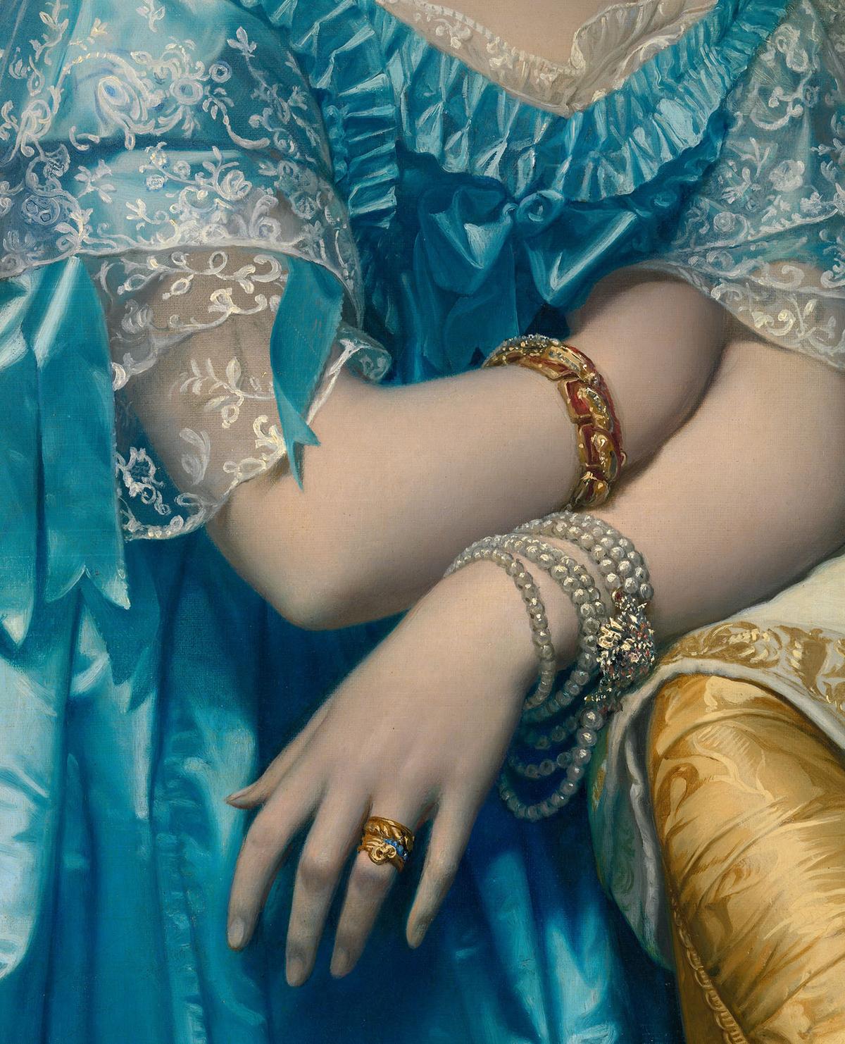 Detail of jewelry in "Joséphine-Eléonore-Marie-Pauline de Galard de Brassac de Béarn (1825–1860), Princesse de Broglie," 1851–53, by Jean Auguste Dominique Ingres.
