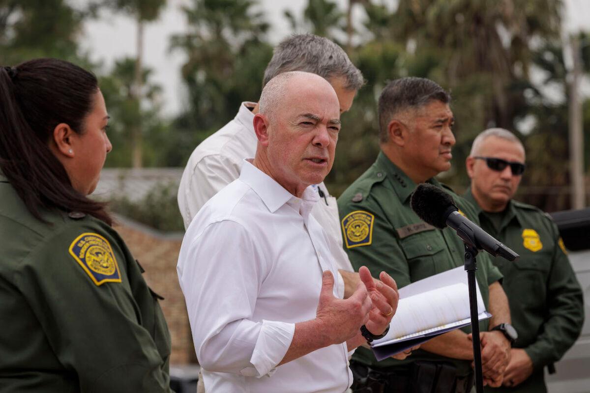 Department of Homeland Security Sec. Alejandro Mayorkas (2nd-L) speaks at a press conference on May 5, 2023, in Brownsville, Texas. (Michael Gonzalez/Getty Images)