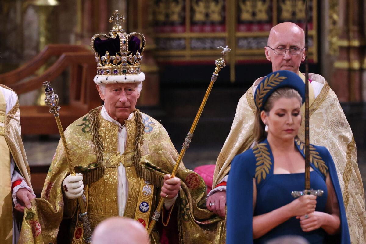 King Charles III stands after being crowned during his coronation ceremony in Westminster Abbey in London on May 6, 2023. (Richard Pohle/WPA-Pool/Getty Images)