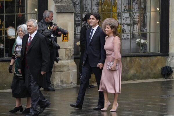 Canadian Prime Minister Justin Trudeau and Sophie Trudeau arrive at Westminster Abbey prior to the coronation ceremony of Britain's King Charles III in London on May 6, 2023. (Alessandra Tarantino/AP Photo)