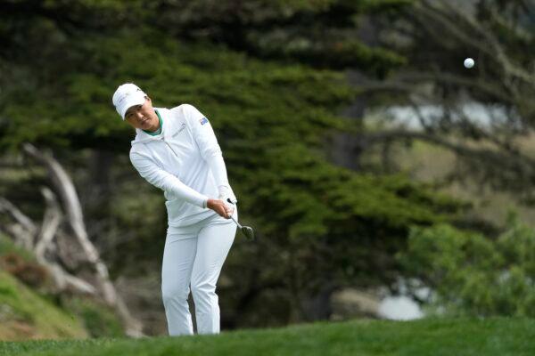 Australia's Minjee Lee hits toward the 11th green at the International Crown match play golf tournament in San Francisco on May 4, 2023. (Jeff Chiu/AP Photo)