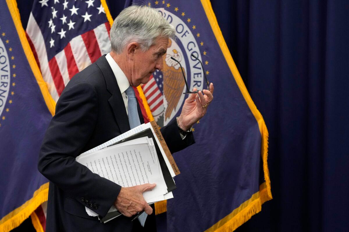 Federal Reserve Board Chair Jerome Powell walks from the podium after speaking at a news conference at the Federal Reserve in Washington on March 22, 2023, in Washington. (Alex Brandon/AP Photo)