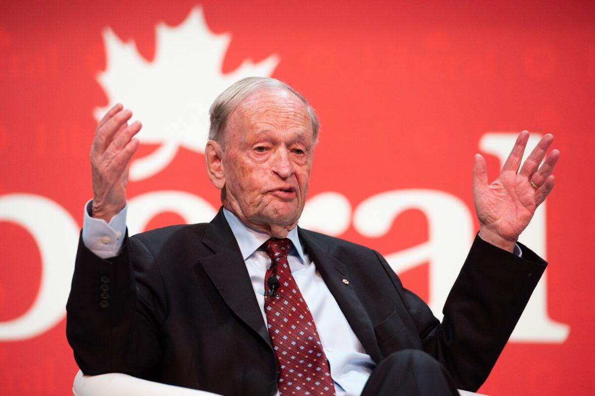 Former Prime Minister Jean Chrétien delivers remarks during a keynote address during the second day of the Liberal Convention in Ottawa on May 5, 2023. (Spencer Colby/The Canadian Press)