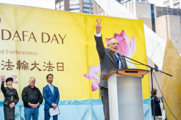 Former Conservative MP Wladyslaw Lizon speaks at a rally at Toronto City Hall on May 6, 2023, to mark the 31st anniversary of the public introduction of Falun Dafa. (Evan Ning/The Epoch Times)