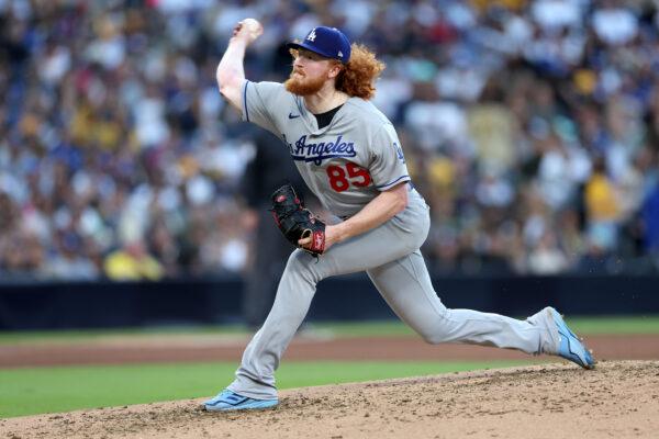 Dustin May (85) of the Los Angeles Dodgers pitches during the fifth inning of a game against the San Diego Padres at PETCO Park in San Diego on May 6, 2023. (Sean M. Haffey/Getty Images)