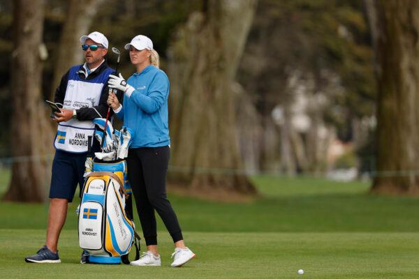 Anna Nordqvist of Team Sweden lines up her shot on the 18th hole during day three of the Hanwha LIFEPLUS International Crown at TPC Harding Park in San Francisco on May 6, 2023. (Mike Mulholland/Getty Images)