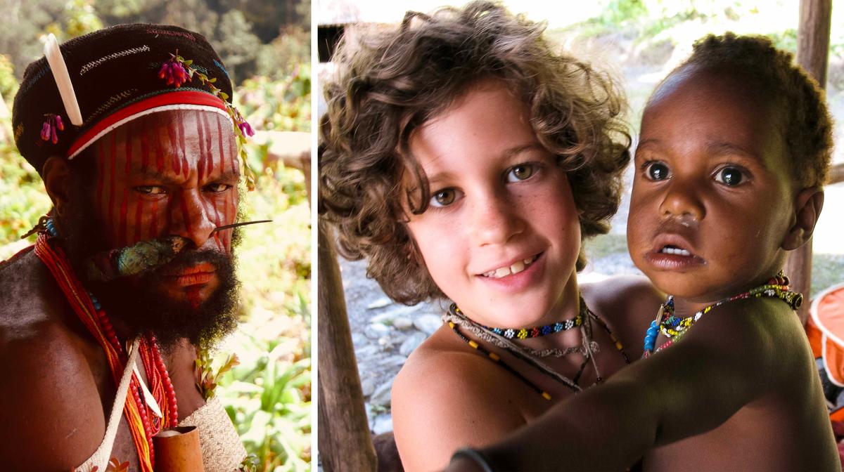 (Left) A Wano tribesman; (Right) Hudson as a young boy holds a Wano child. (Courtesy of <a href="https://www.wildbrothersproductions.com/off-the-couch-into-creation">The Wild Brothers</a>)