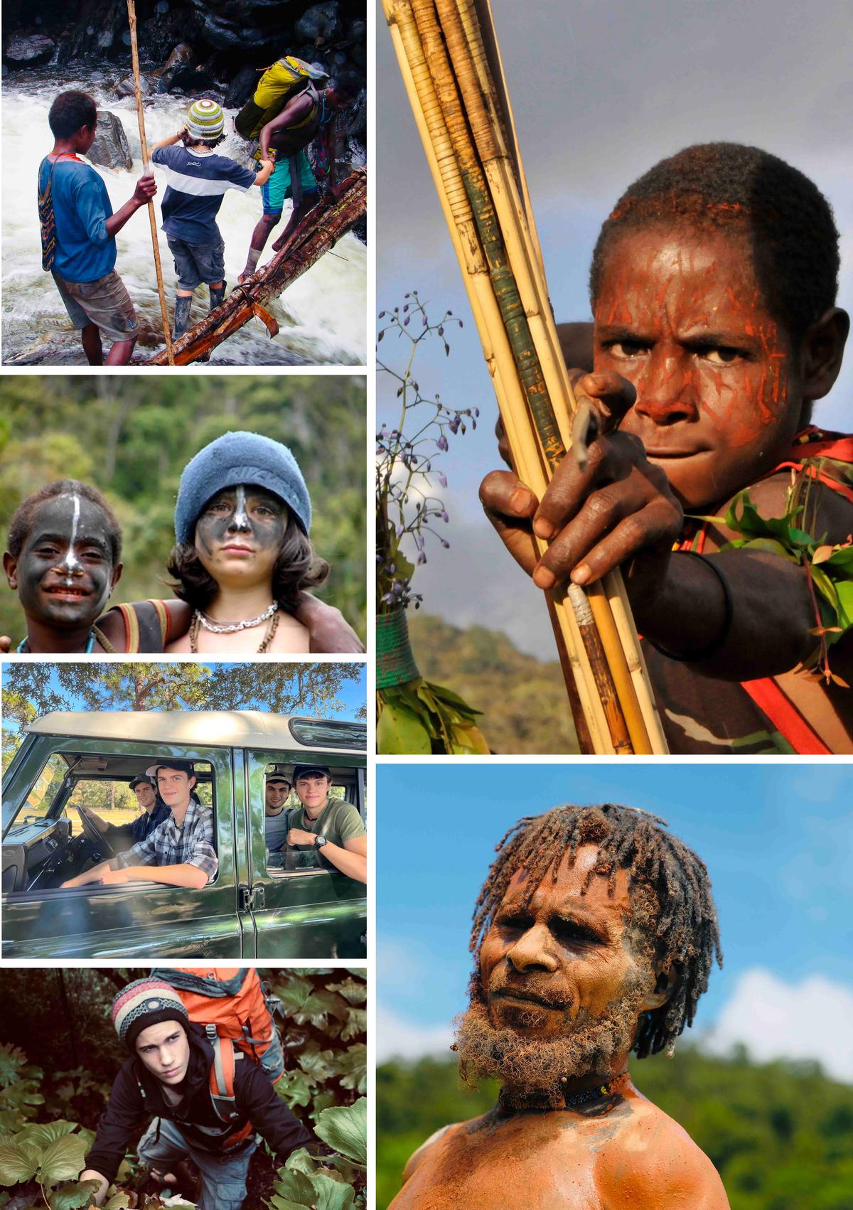 A collage of the Wild brothers and the Wano people in the jungles of Papua, Indonesia, over the course of over a decade. (Courtesy of <a href="https://www.wildbrothersproductions.com/off-the-couch-into-creation">The Wild Brothers</a>)