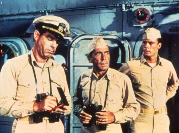 (L–R) Lt. Tom Keefer (Fred MacMurray), Lt. Cmdr. Philip Francis Queeg (Humphrey Bogart), and Ens. Willie Keith (Robert Francis), in “The Caine Mutiny.” (Columbia Pictures)
