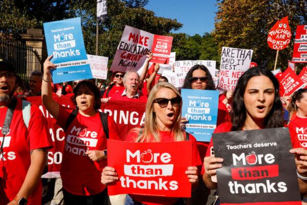 School teachers march along Macquarie St towards NSW Parliament on May 04, 2022 in Sydney, Australia. (Photo by Jenny Evans/Getty Images)