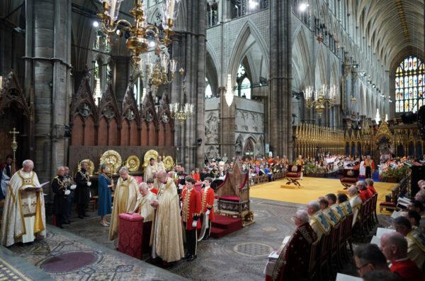 King Charles III takes part in his and Queen Camilla's coronation ceremony at Westminster Abbey in London, England, on May 6, 2023. (Jonathan Brady - WPA Pool/Getty Images)
