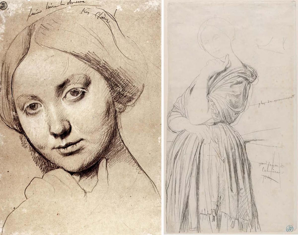 Studies for the portrait of the Comtesse D Haussonville, 1842−1845, by Jean-Auguste-Dominique Ingres. Graphite and black chalk on cream paper glued down to a sheet of mulberry paper. (<a href="https://www.artrenewal.org/artists/jean-auguste-dominique-ingres/31">Art Renewal Center</a>)