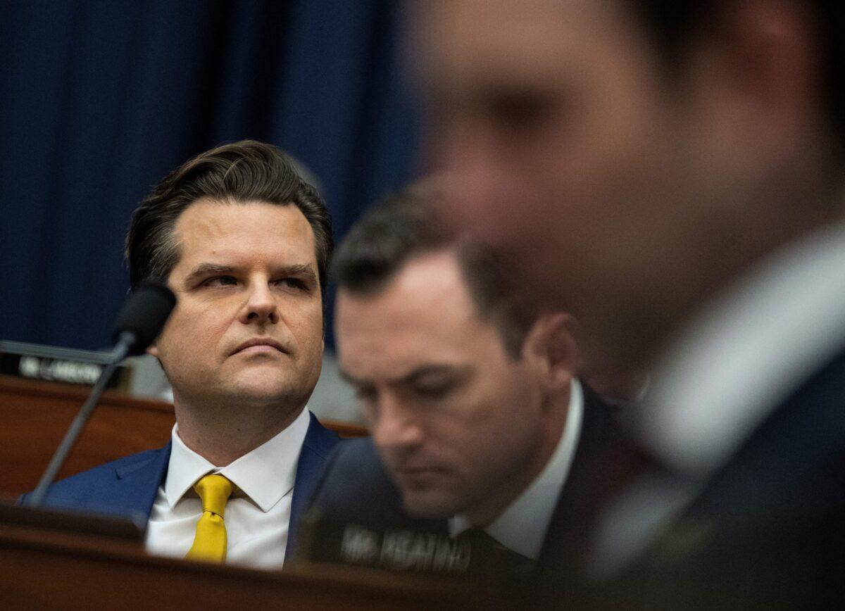 Rep. Matt Gaetz (R-Fla.) looks on during a House Armed Services Committee hearing on the defense budget request in Washington on March 29, 2023. (Andrew Caballero-Reynolds/AFP via Getty Images)