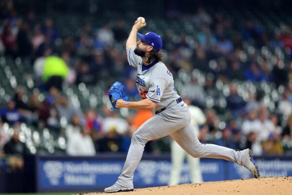 Tony Gonsolin (26) of the Los Angeles Dodgers pitches during the first inning against the Milwaukee Brewers at American Family Field in Milwaukee on May 8, 2023. (Stacy Revere/Getty Images)