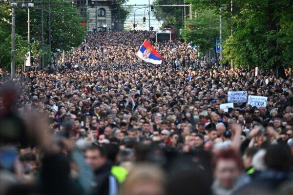 Demonstrators march during a rally to call for the resignation of top officials and the curtailing of violence in the media, just days after back-to-back shootings, stunned the Balkan country, in Belgrade, Serbia, on May 8, 2023. (Andrej Isakovic/AFP via Getty Images)