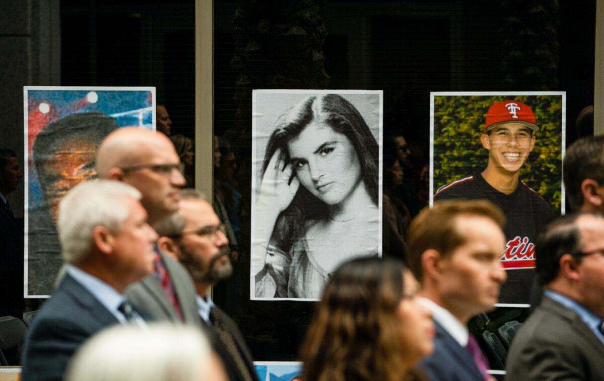 Fentanyl victim photos are displayed in Santa Ana, Calif., on April 24, 2023. (John Fredricks/The Epoch Times)